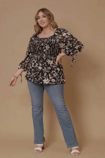 HY6542W BLACK Plus Textured Floral Chiffon Smocked Square Neck Top Front
